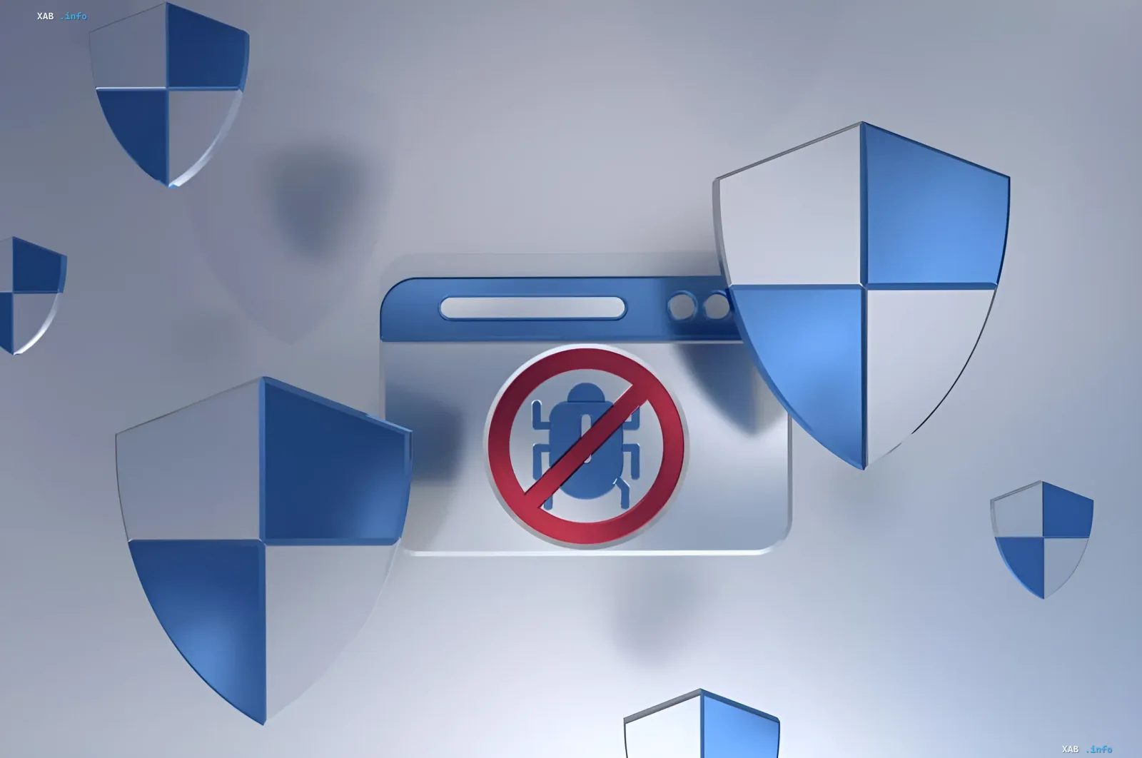 Symbolic image of browser protection from malicious extensions using shields and a bug prohibition sign, illustrating the transition from Manifest V2 to Manifest V3 in Chrome 151 and automatic migration in Brave.