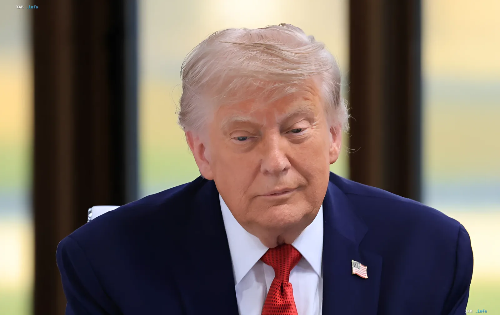 Donald Trump in a blue suit with red tie and American flag pin — illustration for news about Iran’s new assassination plan against him