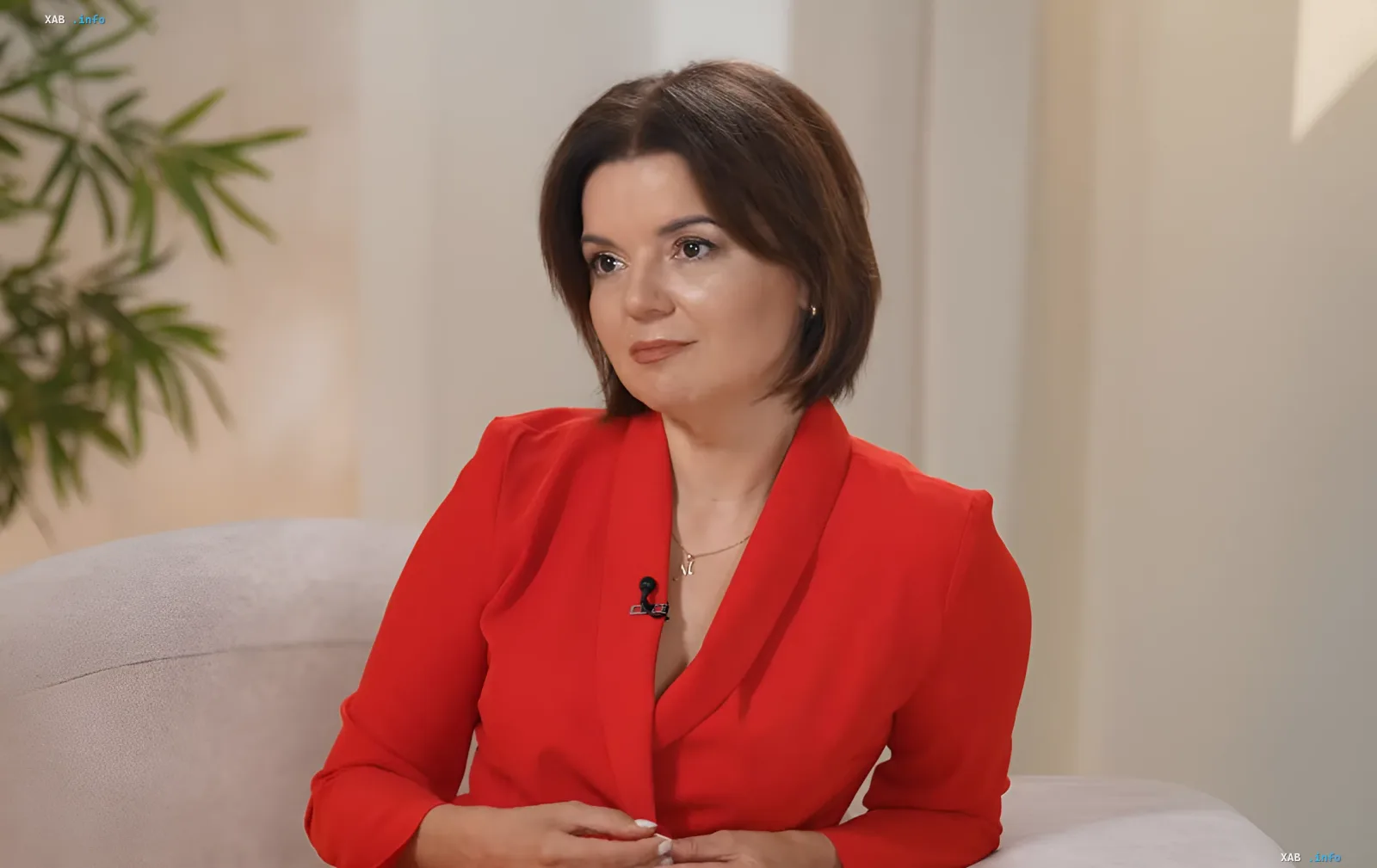 Marichka Padalko in red blazer during interview about her son, a drone pilot