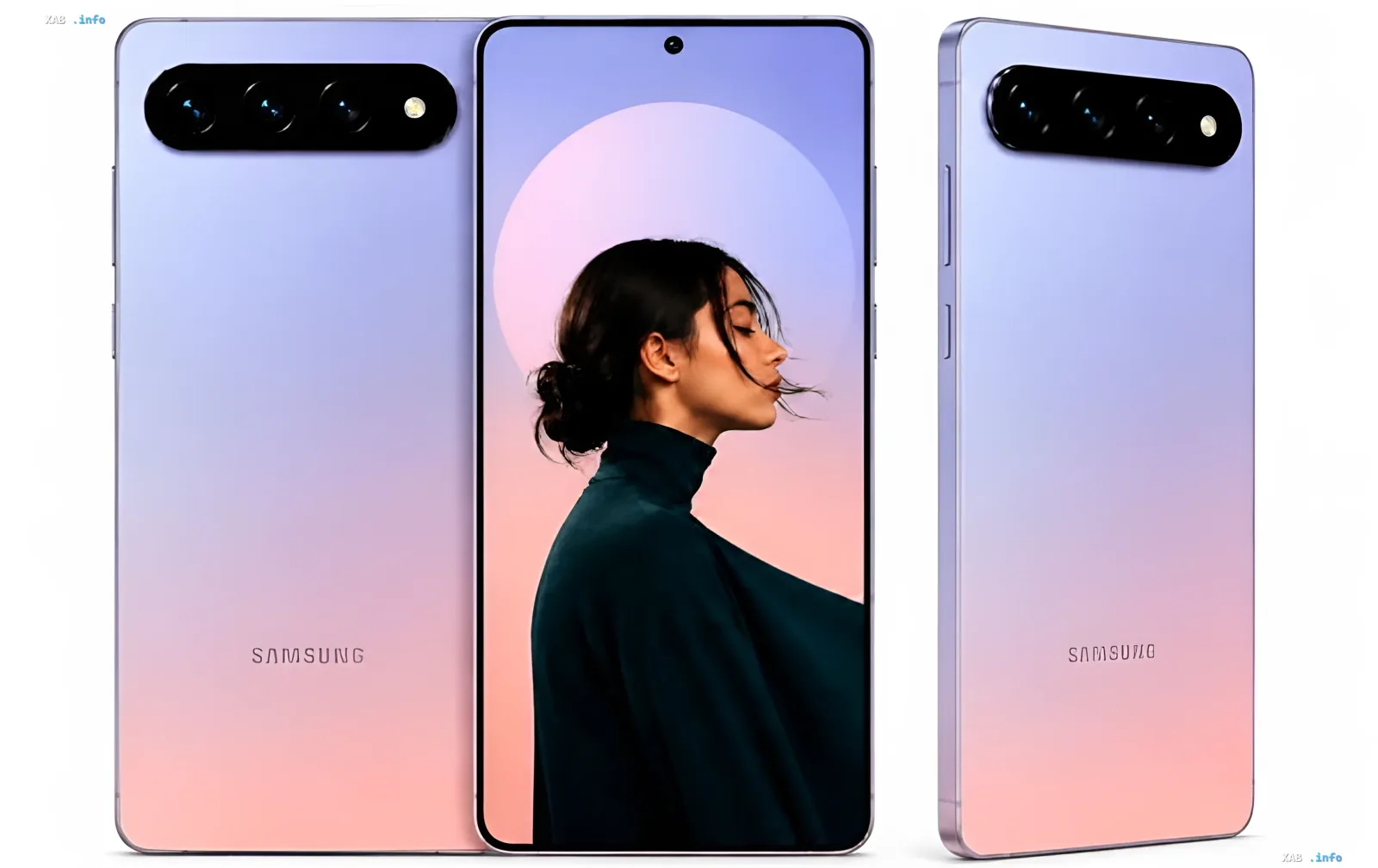 Три вида смартфона Samsung Galaxy M67 с градиентным корпусом и тройной камерой, демонстрирующие дизайн устройства с процессором Exynos 2200