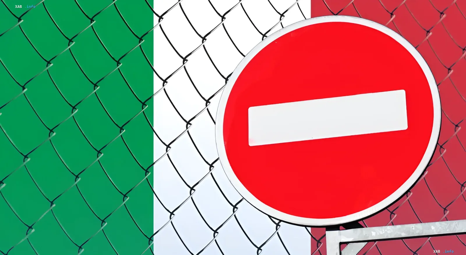 No Entry sign in front of Italian flag behind fence: visualizing expulsion of Russian military attachés from Italy