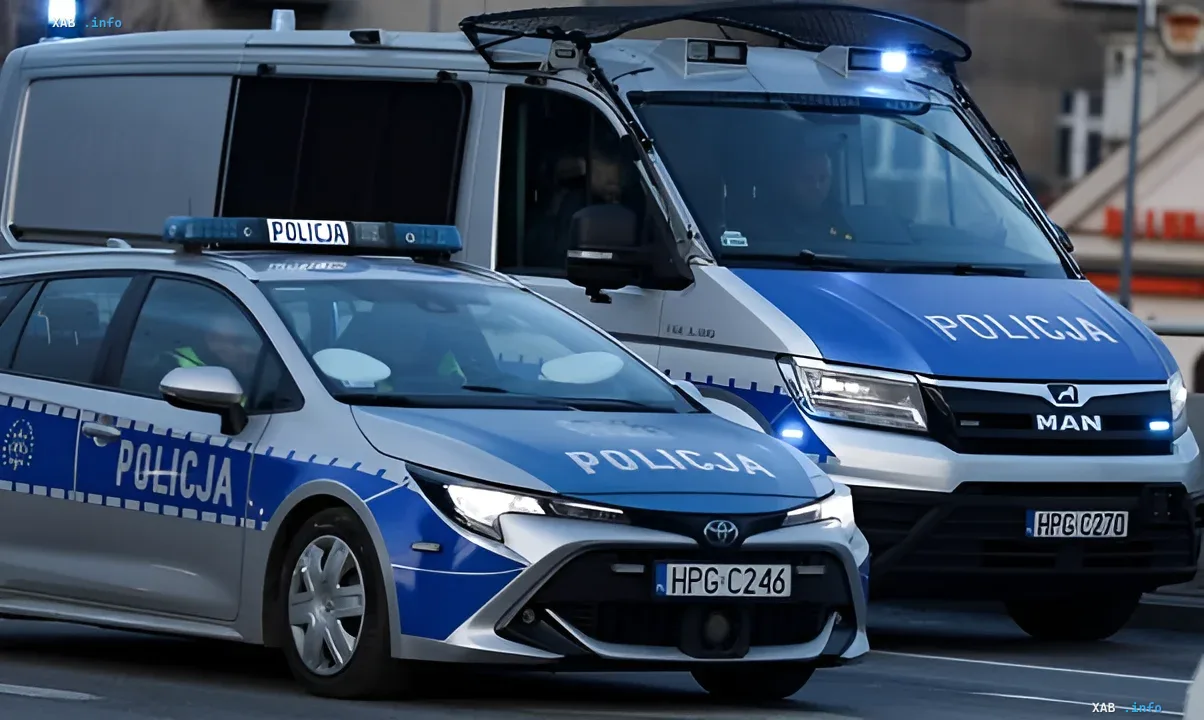 Польская полиция в Варшаве: патрульный автомобиль Toyota и фургон MAN на месте инцидента с киберполицией