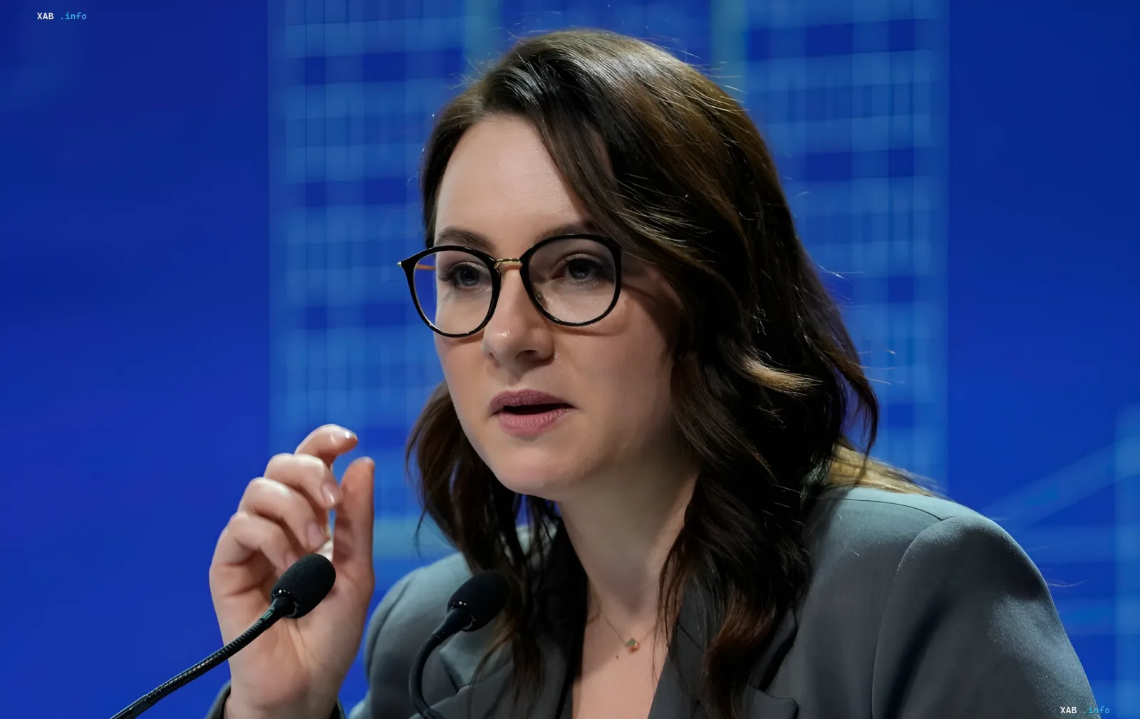 Юлія Свіриденко, прем'єр-міністр України, виступає з промовою на фоні синього екрану