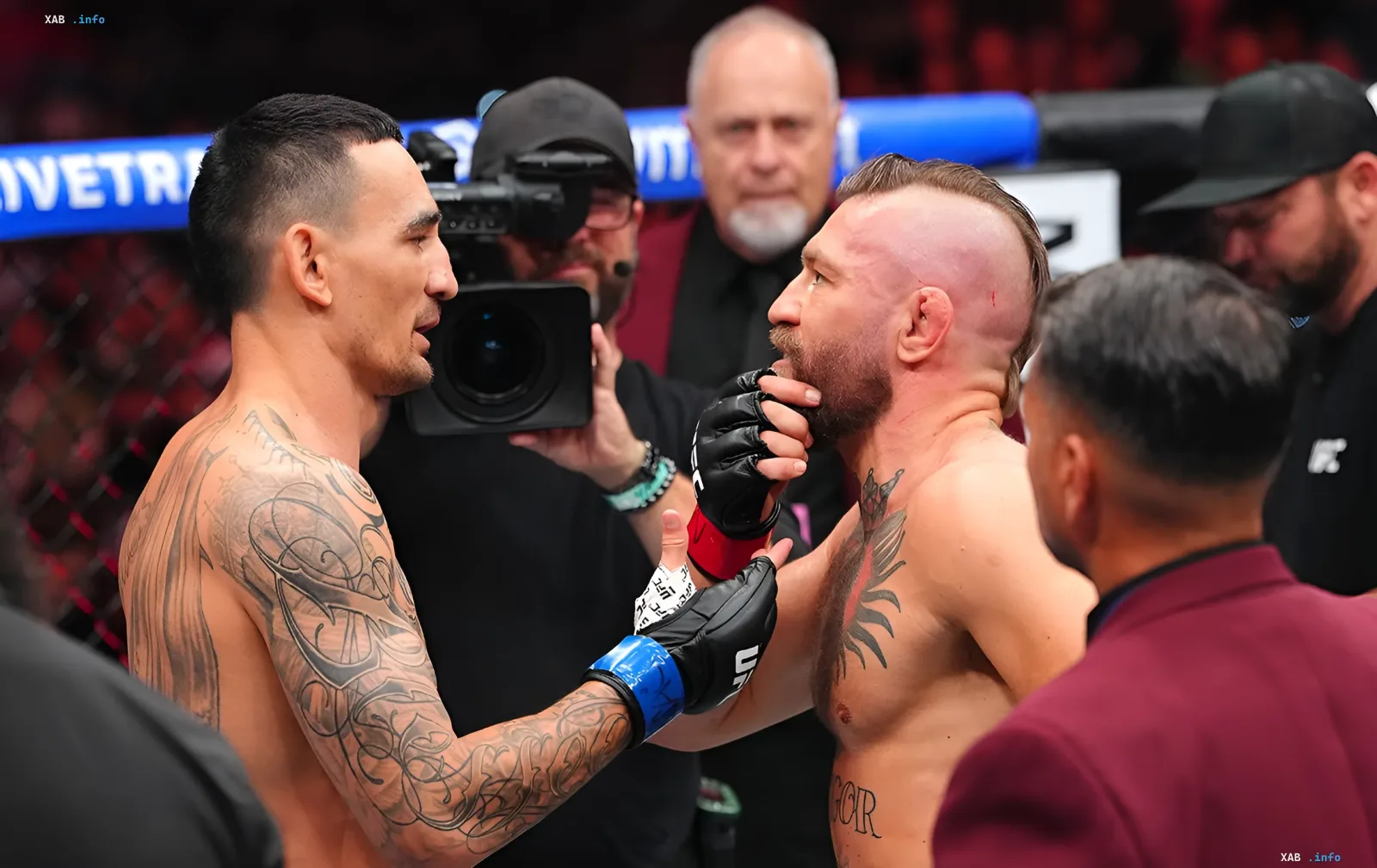 Макгрегор и Голловей в напряженном взгляде перед финалом UFC 329, где Макгрегор сломал ногу за минуту