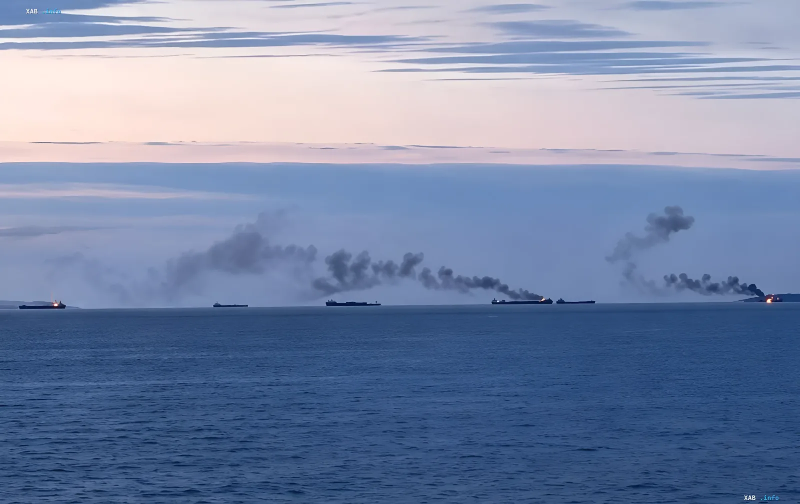 Group of Russian shadow fleet ships at sea with smoke from fires, illustrating Operation 'MoLoChKa'