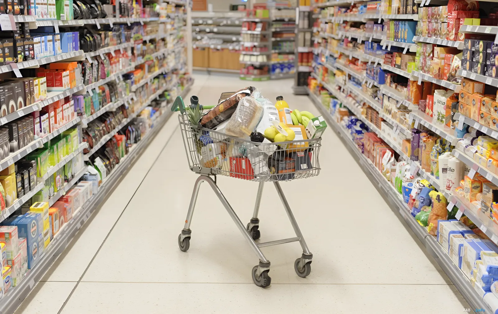 Тележка с продуктами в проходе супермаркета, символизирующая текущее состояние украинского ритейла после рекордного роста 2026 года