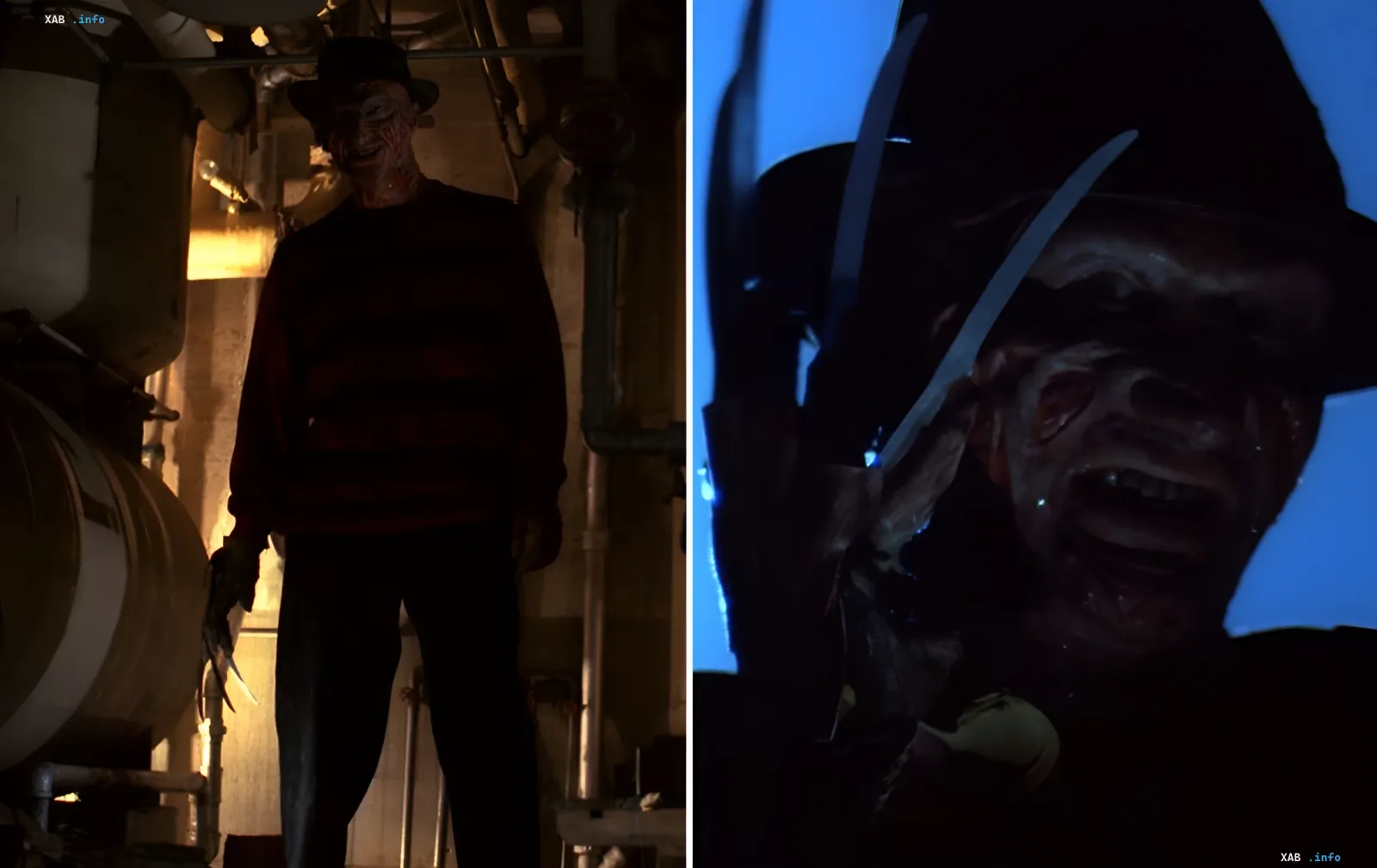 Freddy Krueger in his iconic striped sweater and bladed glove, emerging in a dark basement and a nightmare scene, symbolizing his return in the new Paramount film