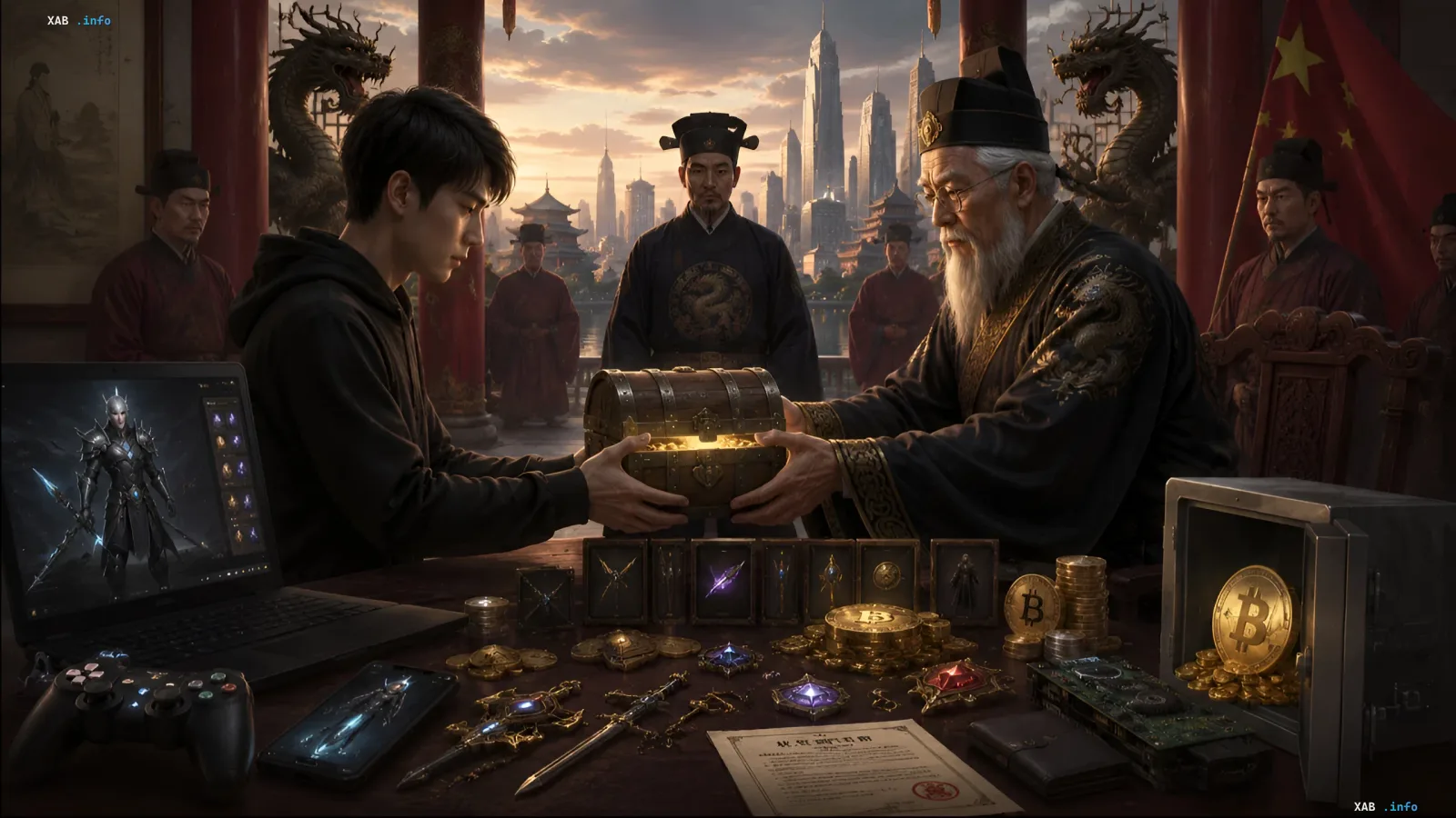 Young gamer receives a chest of digital assets from an elder in traditional Chinese attire; on the table — game items, Bitcoin, laptop with game character, and inheritance documents