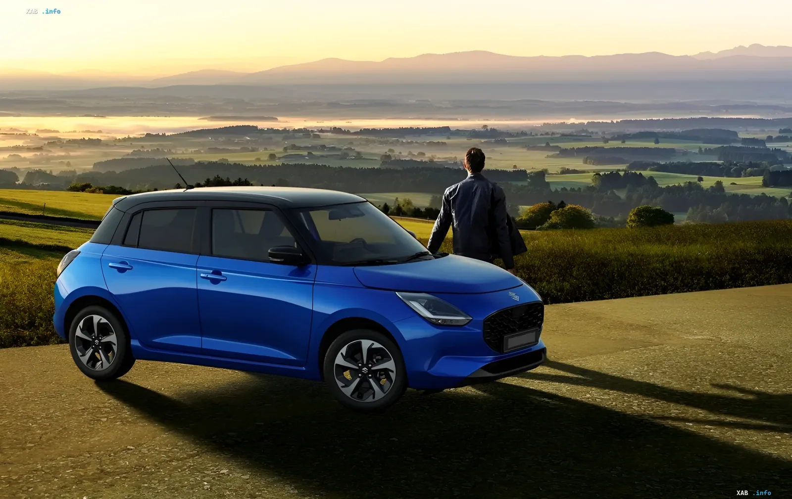 Blue compact hatchback Suzuki Swift against a scenic landscape — symbol of rational choice often ignored by Ukrainians due to snobbery