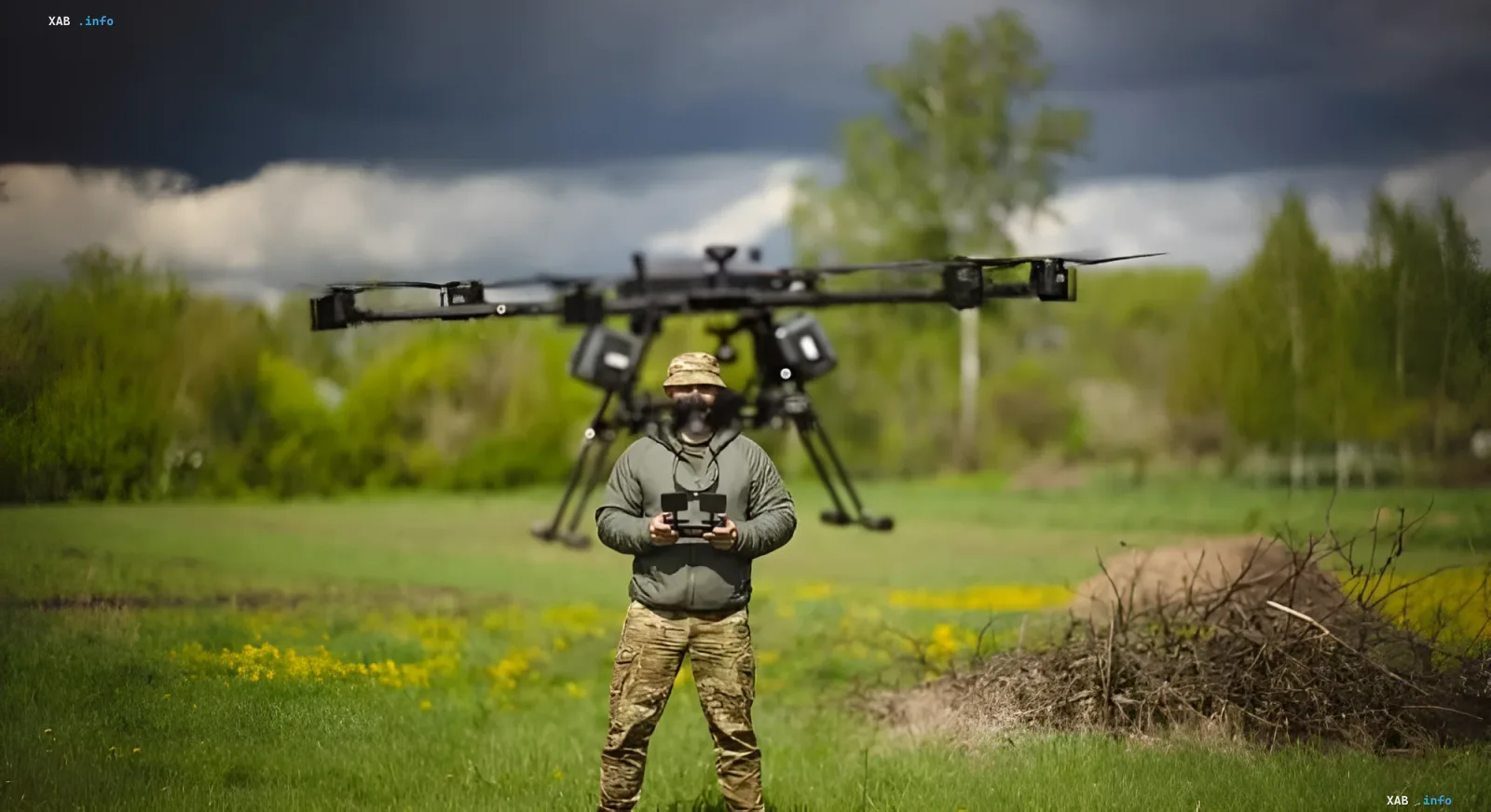 Operator controls a large combat drone in a field, showcasing new AI-driven warfare technologies