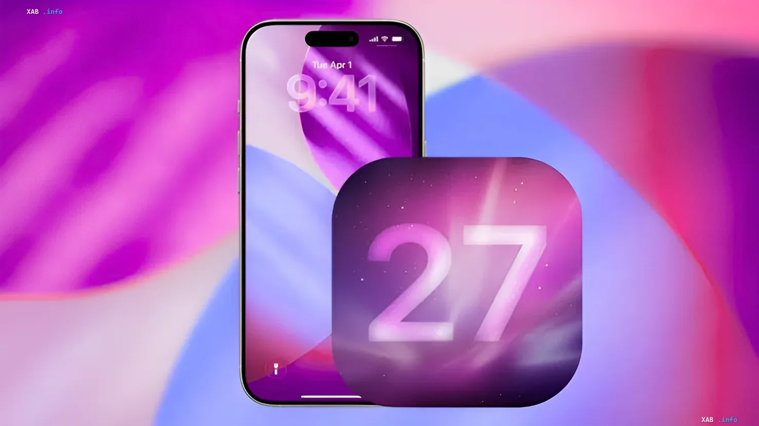 iPhone с экраном iOS 27 Public Beta 1 и логотипом версии 27 на фоне градиентных фиолетово-розовых волн