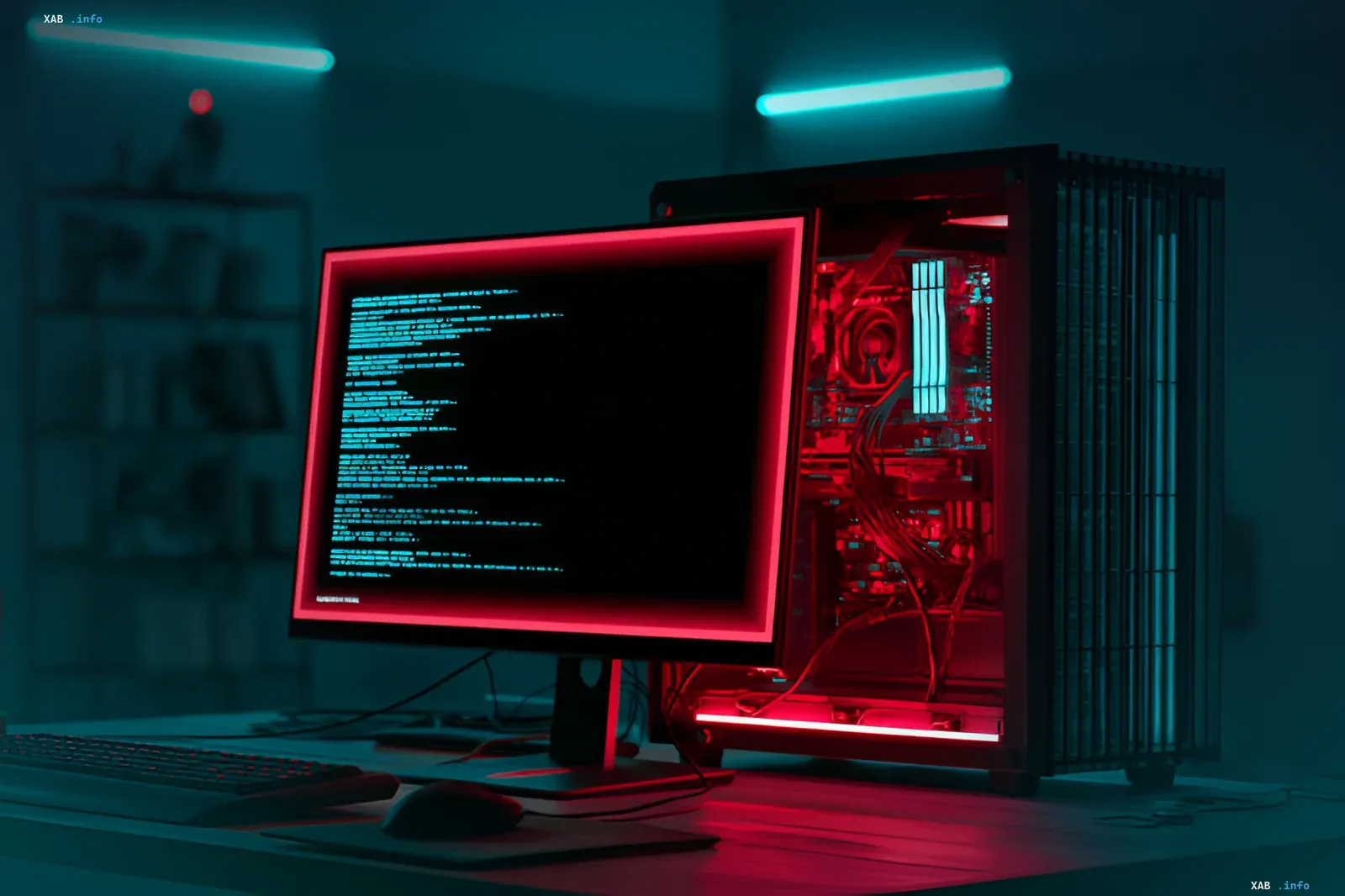 Компьютер с красной подсветкой и кодом на экране, символизирующий взлом Secure Boot в Windows и Linux из-за уязвимых ключей Microsoft