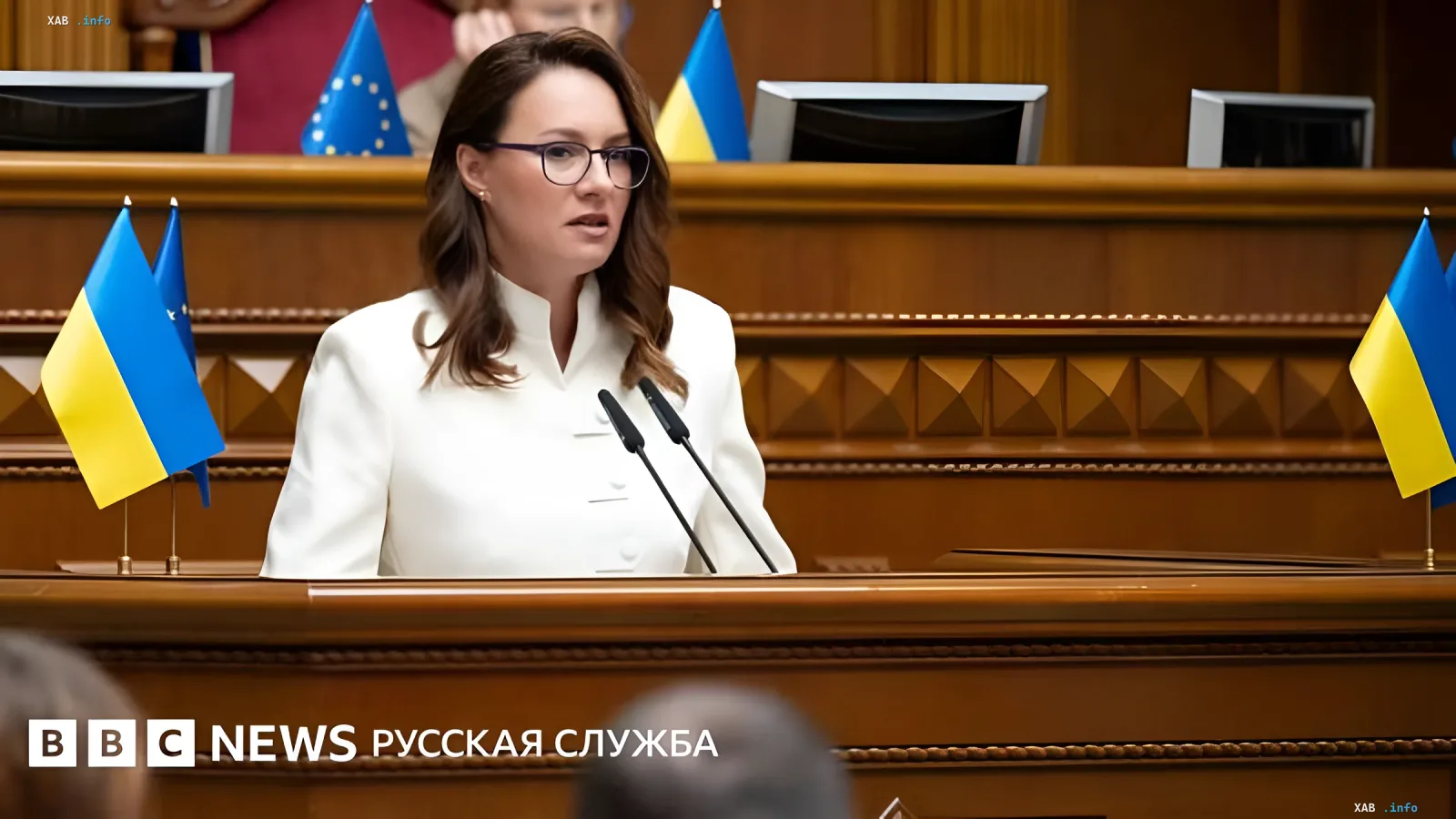 Justizministerin Lyudmyla Lyubchenko spricht im Verkhovna Rada vor ukrainischen und europäischen Flaggen im Kontext des Rücktritts der Sviridenko-Regierung