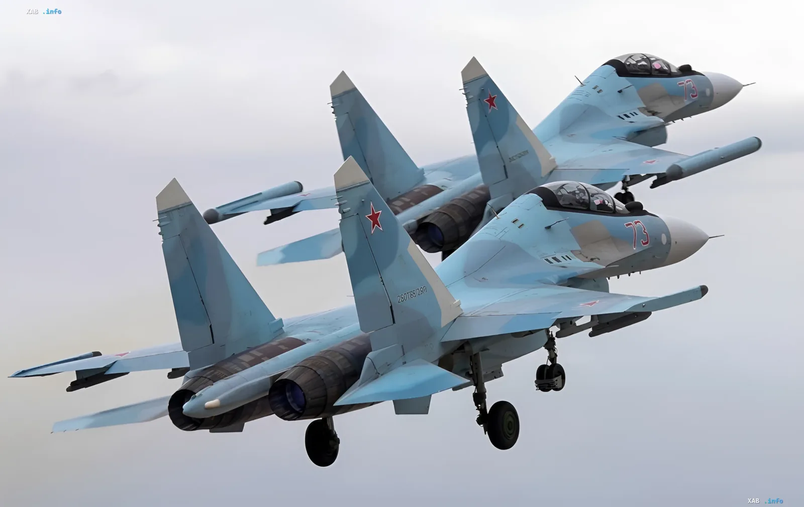 Two Russian Su-27 fighters in flight over the Baltic Sea during exercises to test Poland's air defense