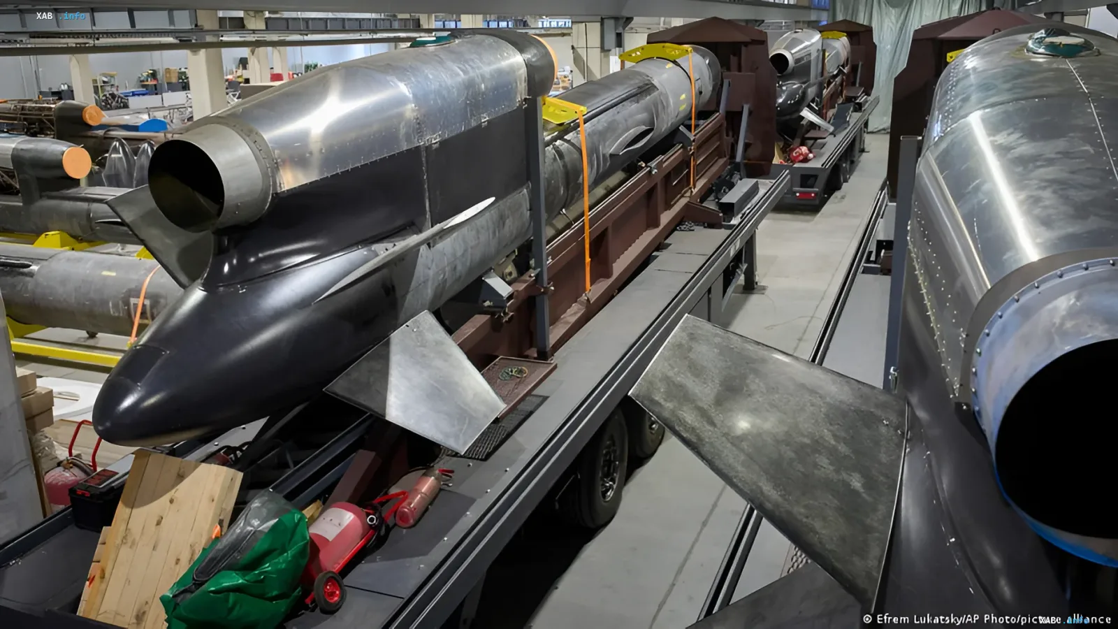 Ballistic missile on a transport and launch vehicle in a production workshop, illustrating the Freyja project for missile interception
