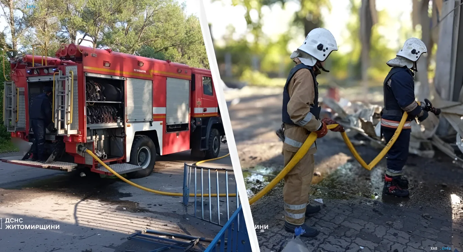 Firefighters extinguish the aftermath of a Shahed drone strike in Zhytomyr region, where experts suspect covert use of Belarusian territory for drone control
