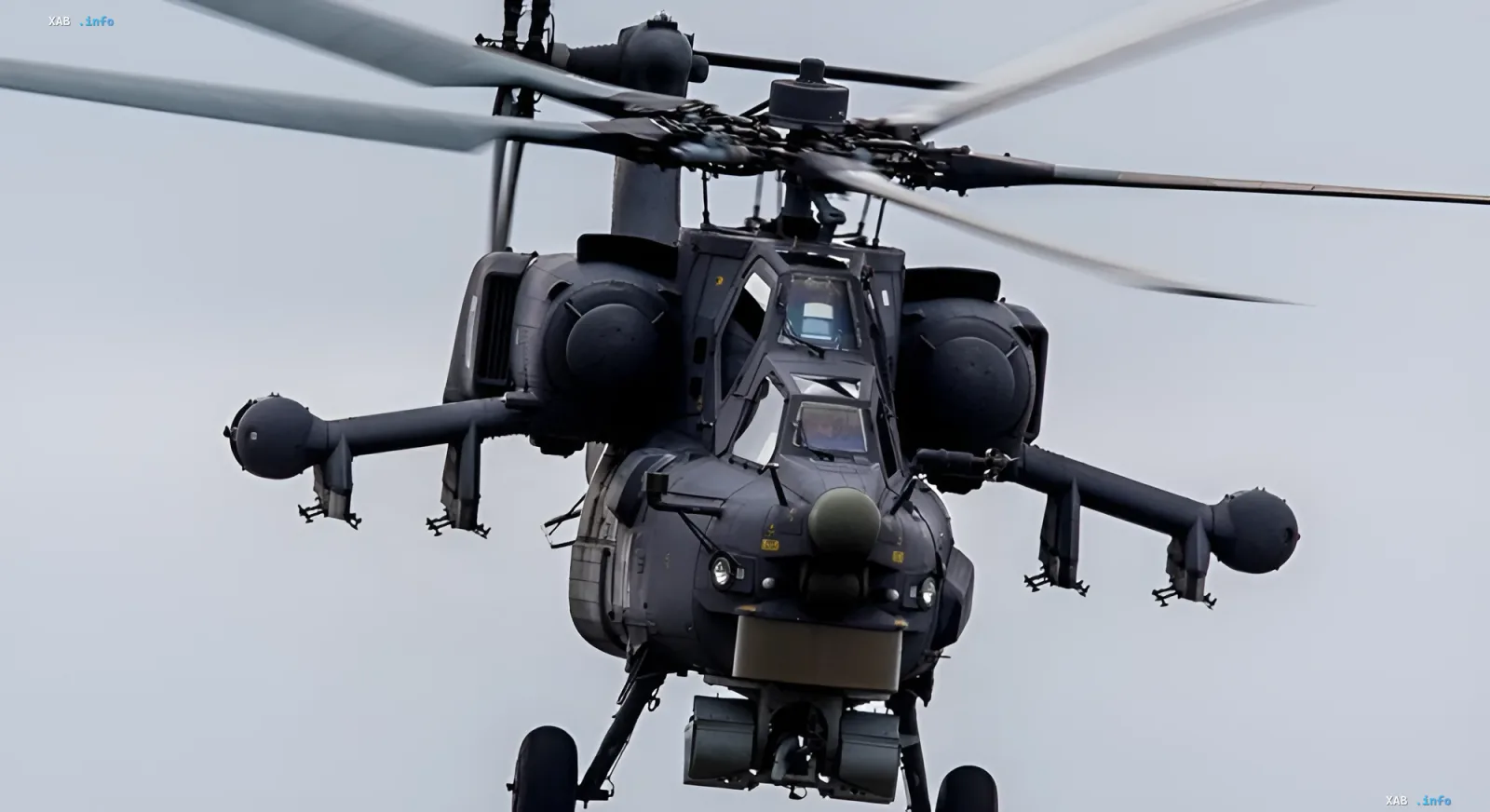 Russian combat helicopter Mi-28 in flight, shot down by Ukrainian forces in Belgorod region