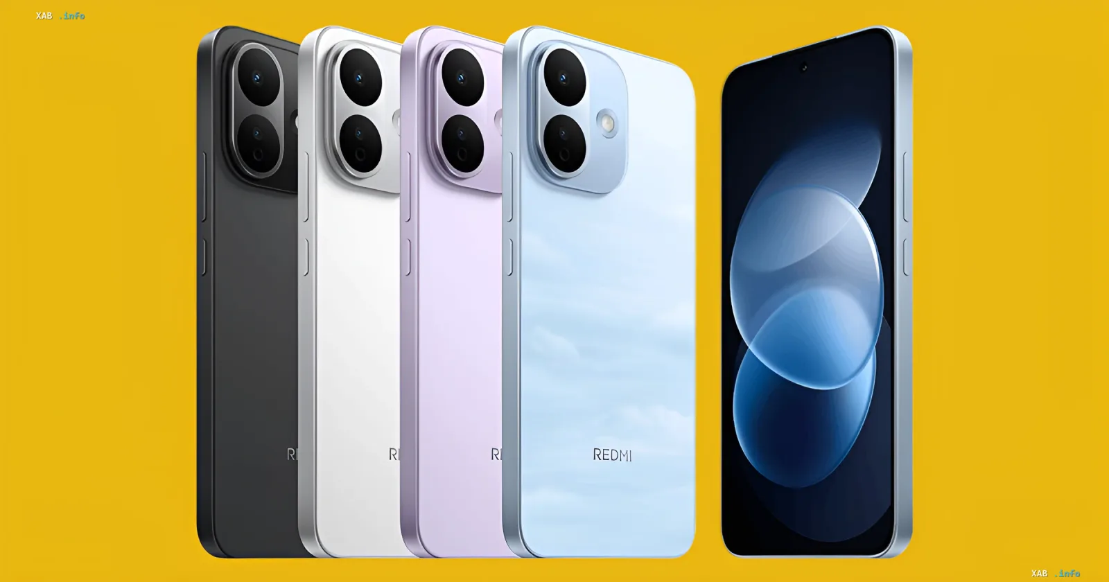 Серия смартфонов Redmi Note 17 в различных цветах: черный, белый, фиолетовый и голубой. На заднем плане видны камеры и логотип REDMI, демонстрируя дизайн устройства, несмотря на урезанные характеристики из-за кризиса памяти.