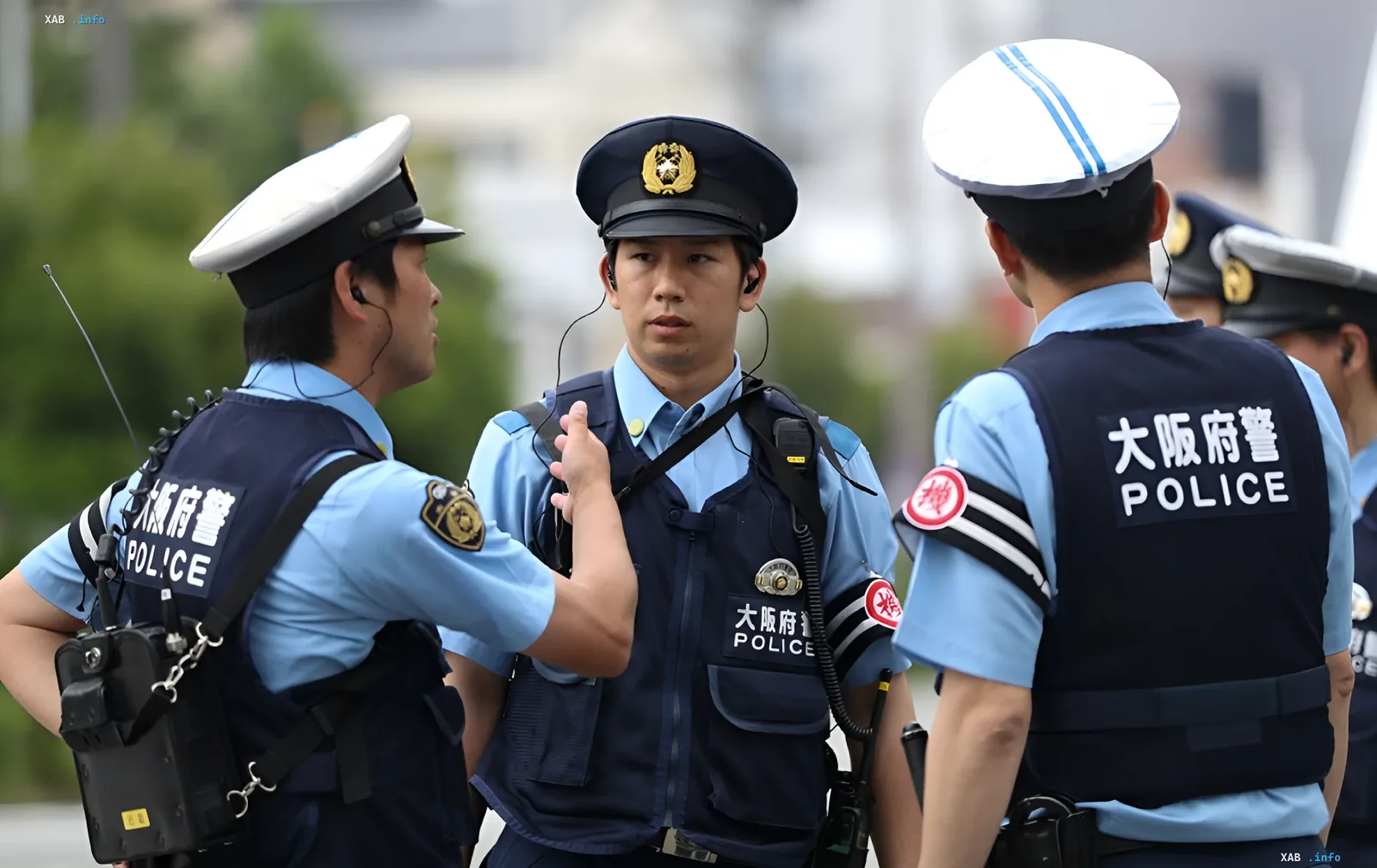 Japanische Polizisten in Uniform diskutieren Sicherheitsmaßnahmen im Rahmen verstärkter Gegenmaßnahmen gegen russische Spione