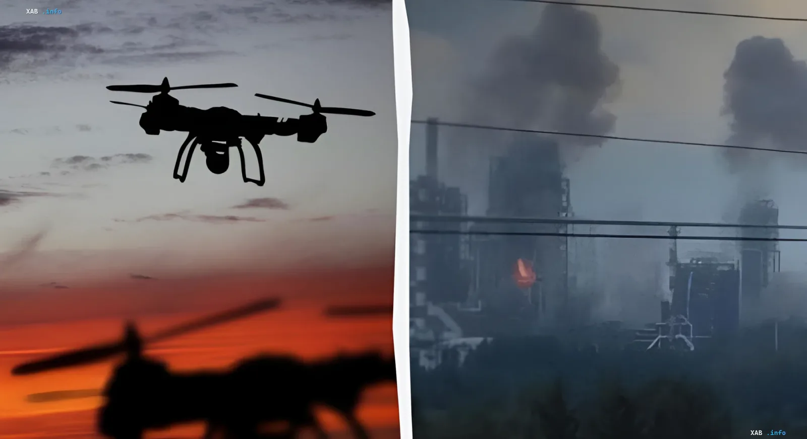 Drone against sunset and smoke from fire at industrial facility in Russia