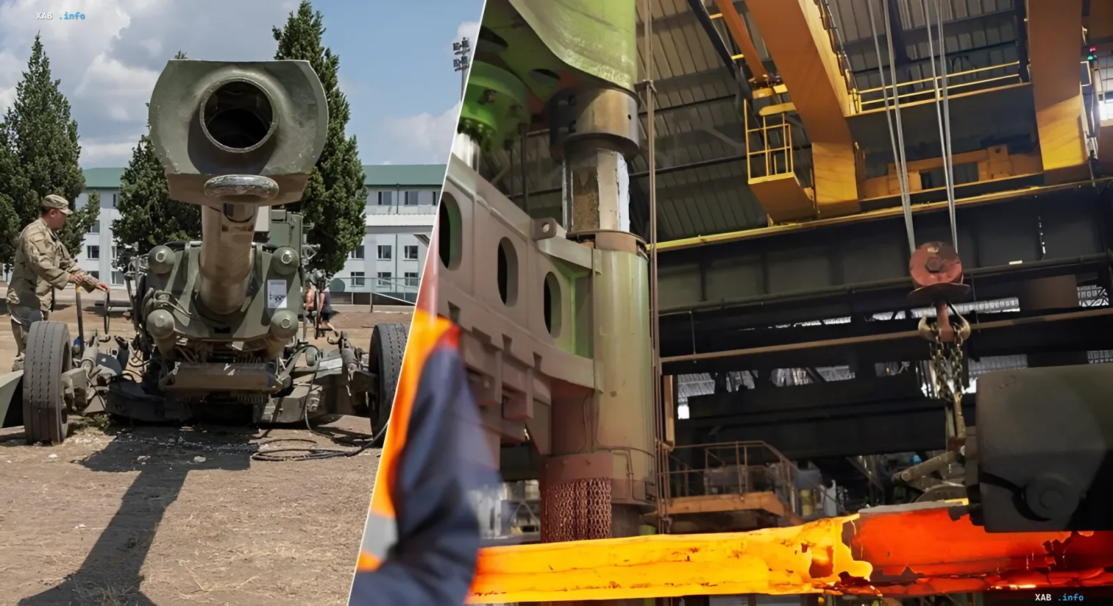 Split-screen: left shows artillery system on range, right shows barrel production in BAE Systems Sheffield workshop
