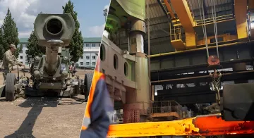 Split-screen: left shows artillery system on range, right shows barrel production in BAE Systems Sheffield workshop