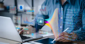 Professional working with AI tools: data visualization, charts, and neural network on screen — how not to lose your job in the age of artificial intelligence