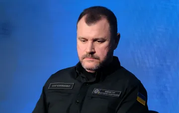 Ihor Klymenko in Ukrainian Ministry of Internal Affairs uniform, against blue screen — candidate for Minister of Defense
