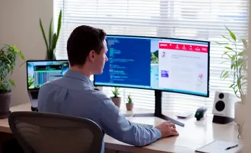 Programmierer arbeitet mit Code auf einem Monitor, der das Wachstum von IT-Unternehmen in Russland veranschaulicht