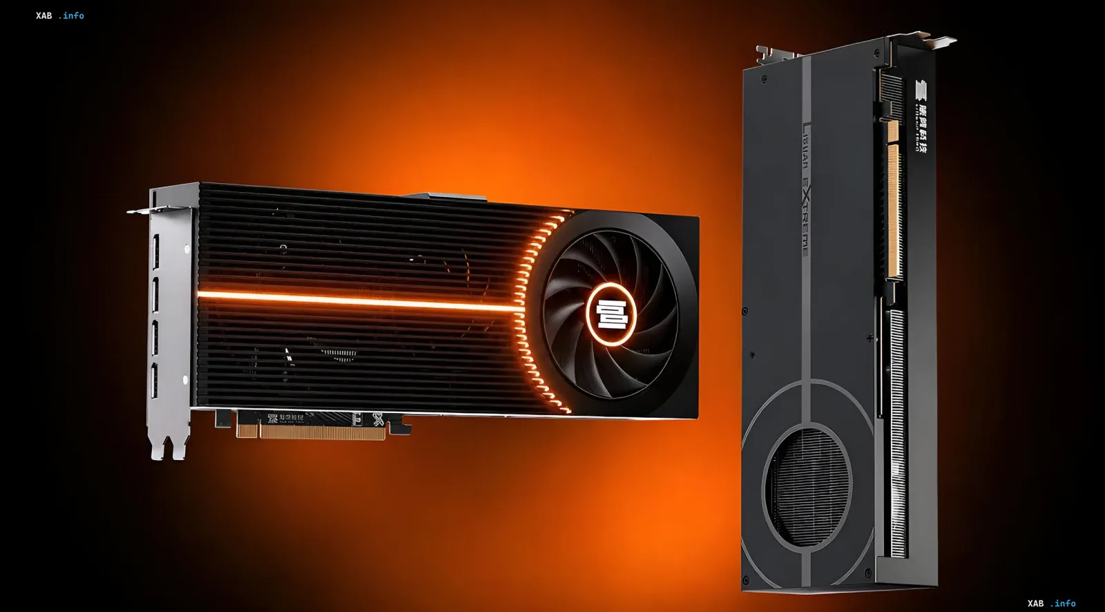 Chinese graphics card Lusuian LKS 7G100 with orange backlighting and logo on fan, shown from two angles against an orange background
