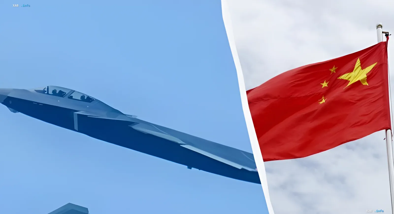 Chinesischer Kampfflugzeug der fünften Generation J-20 vor der Flagge der VR China, das die wachsende militärische Macht des Landes symbolisiert