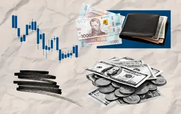 Diagramm zeigt den Rückgang der Währungskurse, ukrainische Hrywnias, US-Dollar und Geldbörsen vor dem Hintergrund von Nachrichten über fallende Währungskurse