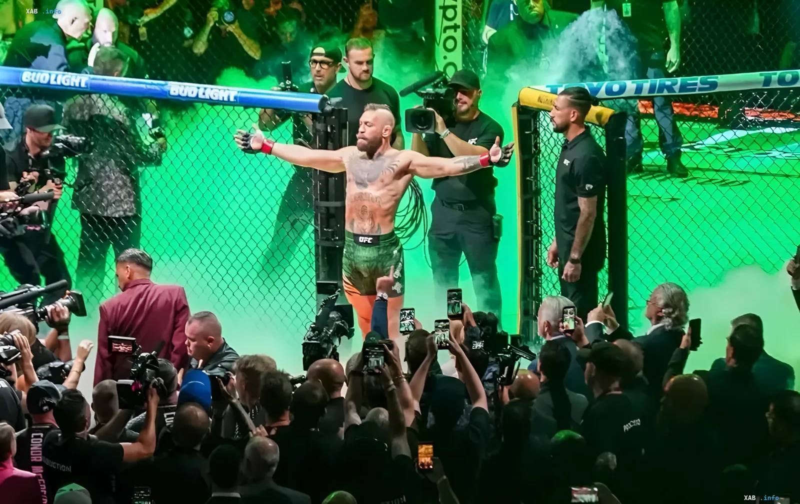 Конор Макгрегор у октагоні UFC з піднятими руками на тлі зеленого диму, вимагає скасувати бій з Холлоуєм та повернення ставок