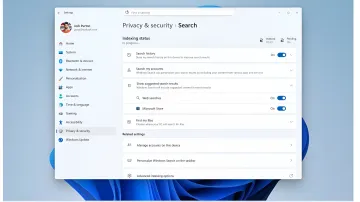 Налаштування пошуку в Windows 11: панель конфіденційності та безпеки з опціями індексації та історії пошуку