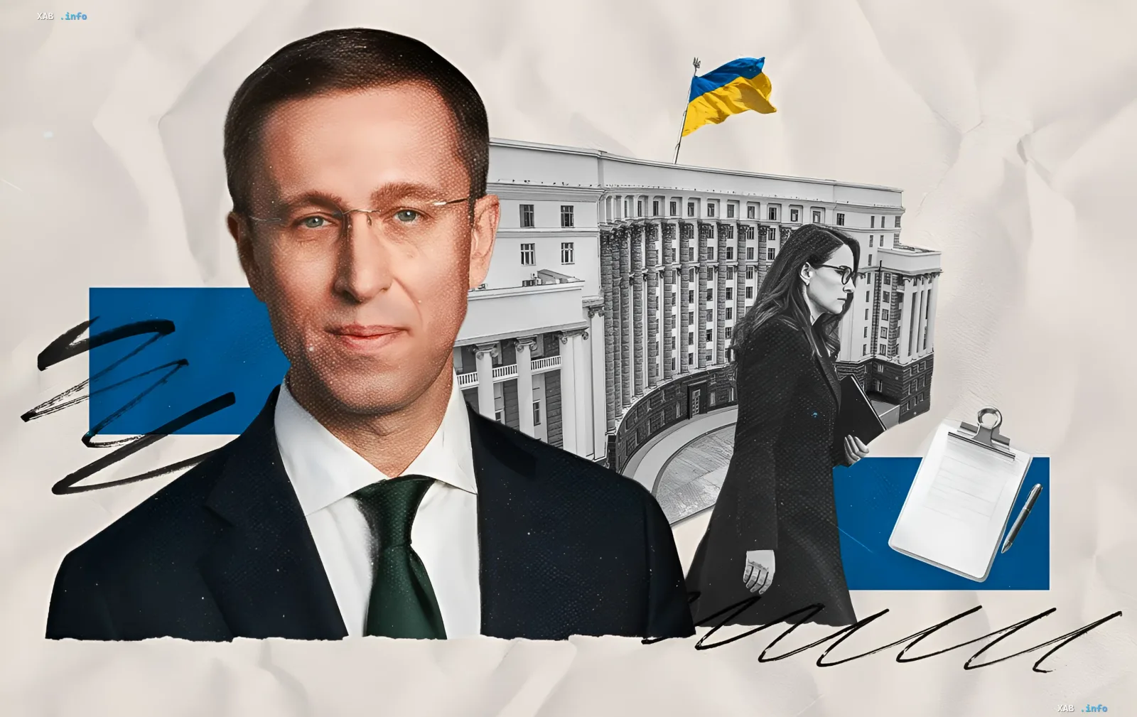 Sergey Koretsky, the new Prime Minister of Ukraine, in front of the Cabinet of Ministers building with the Ukrainian flag, symbolizing his transition from a business tycoon to the head of government.