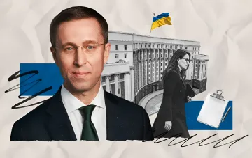 Sergey Koretsky, the new Prime Minister of Ukraine, in front of the Cabinet of Ministers building with the Ukrainian flag, symbolizing his transition from a business tycoon to the head of government.