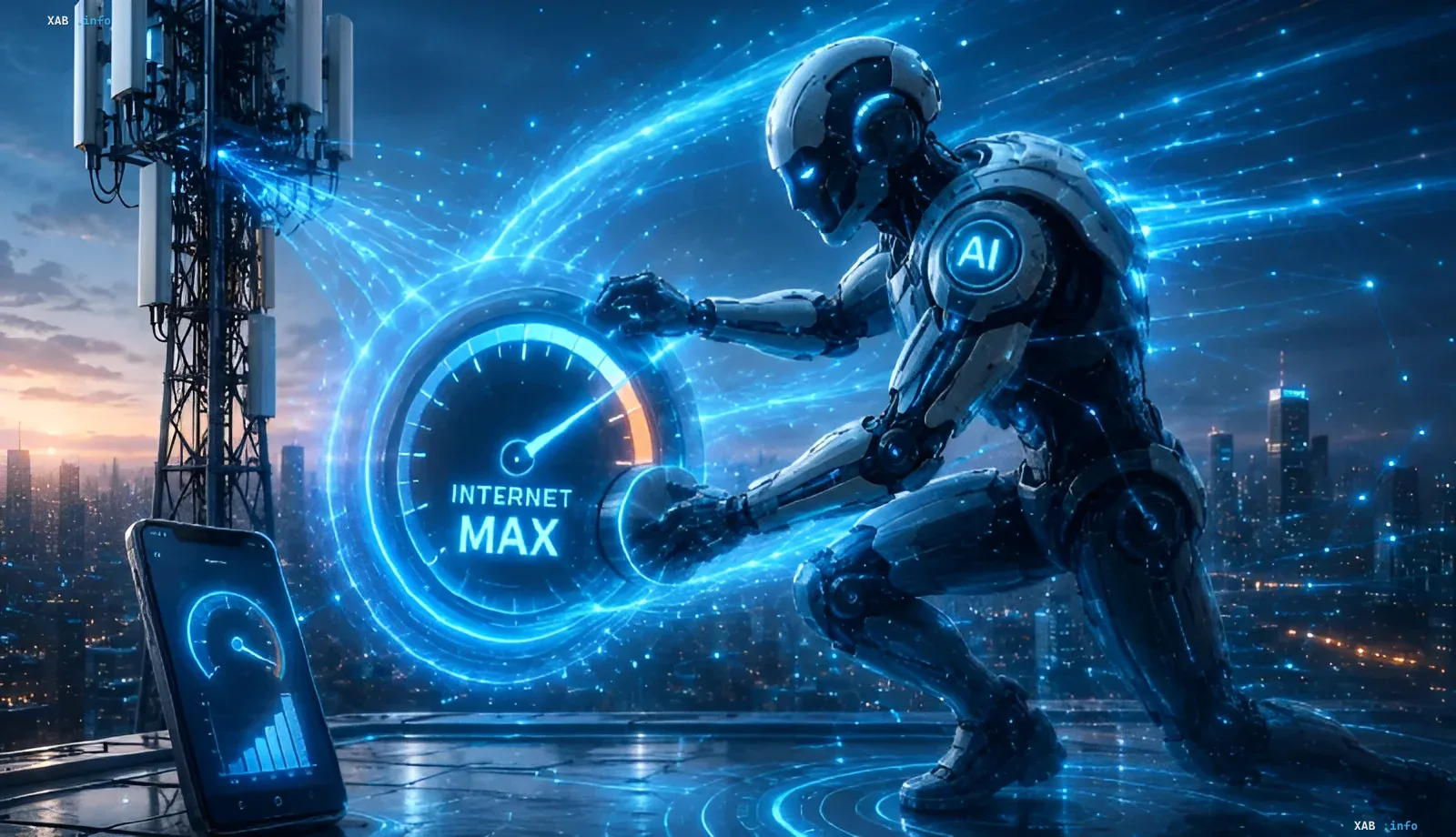 Робот с надписью AI на плече настраивает цифровой спидометр 'INTERNET MAX' рядом с вышкой сотовой связи, символизируя ускорение мобильного интернета с помощью искусственного интеллекта без нового оборудования