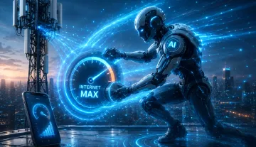 Робот с надписью AI на плече настраивает цифровой спидометр 'INTERNET MAX' рядом с вышкой сотовой связи, символизируя ускорение мобильного интернета с помощью искусственного интеллекта без нового оборудования
