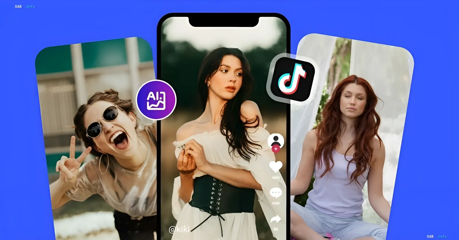 Smartphone with TikTok app showing AI-generated video content and AI image generation icon in the background