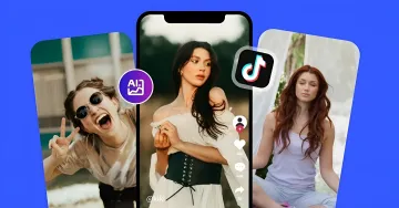 Smartphone with TikTok app showing AI-generated video content and AI image generation icon in the background
