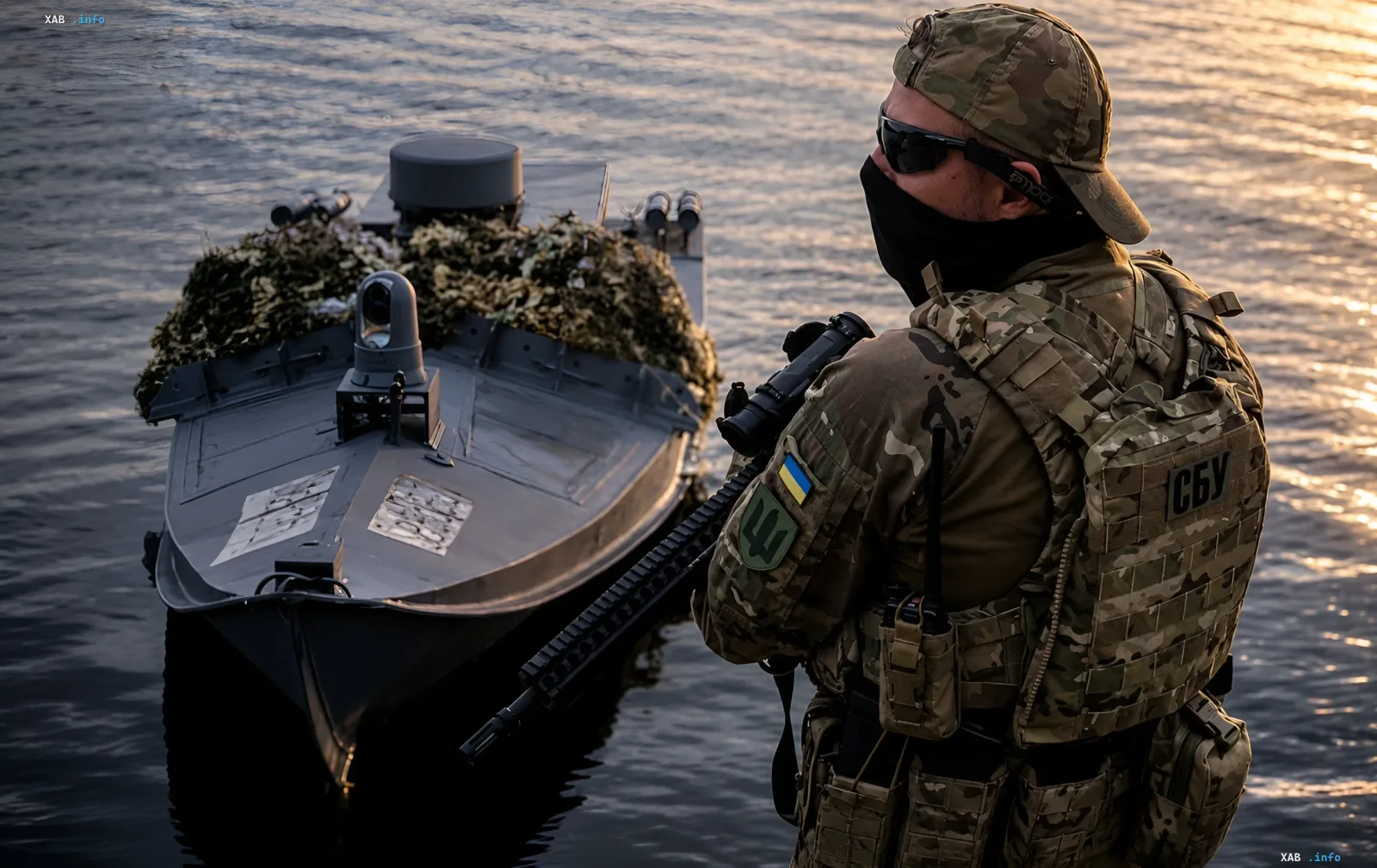 Ukrainischer SBU-Kämpfer neben dem Kampfdrohnen-Katamaran 'Mamai' im Schwarzen Meer, bereit für den Angriff auf russische Tanker