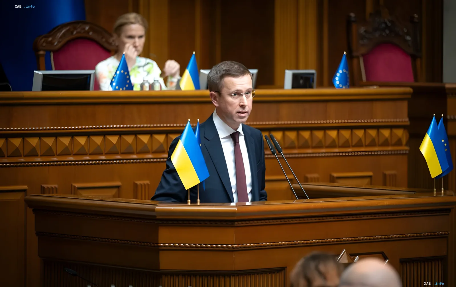 Сергій Корецький виступає в парламенті на тлі прапорів України та ЄС, анонсувавши дату засідання МВФ щодо виділення траншу в 690 млн доларів