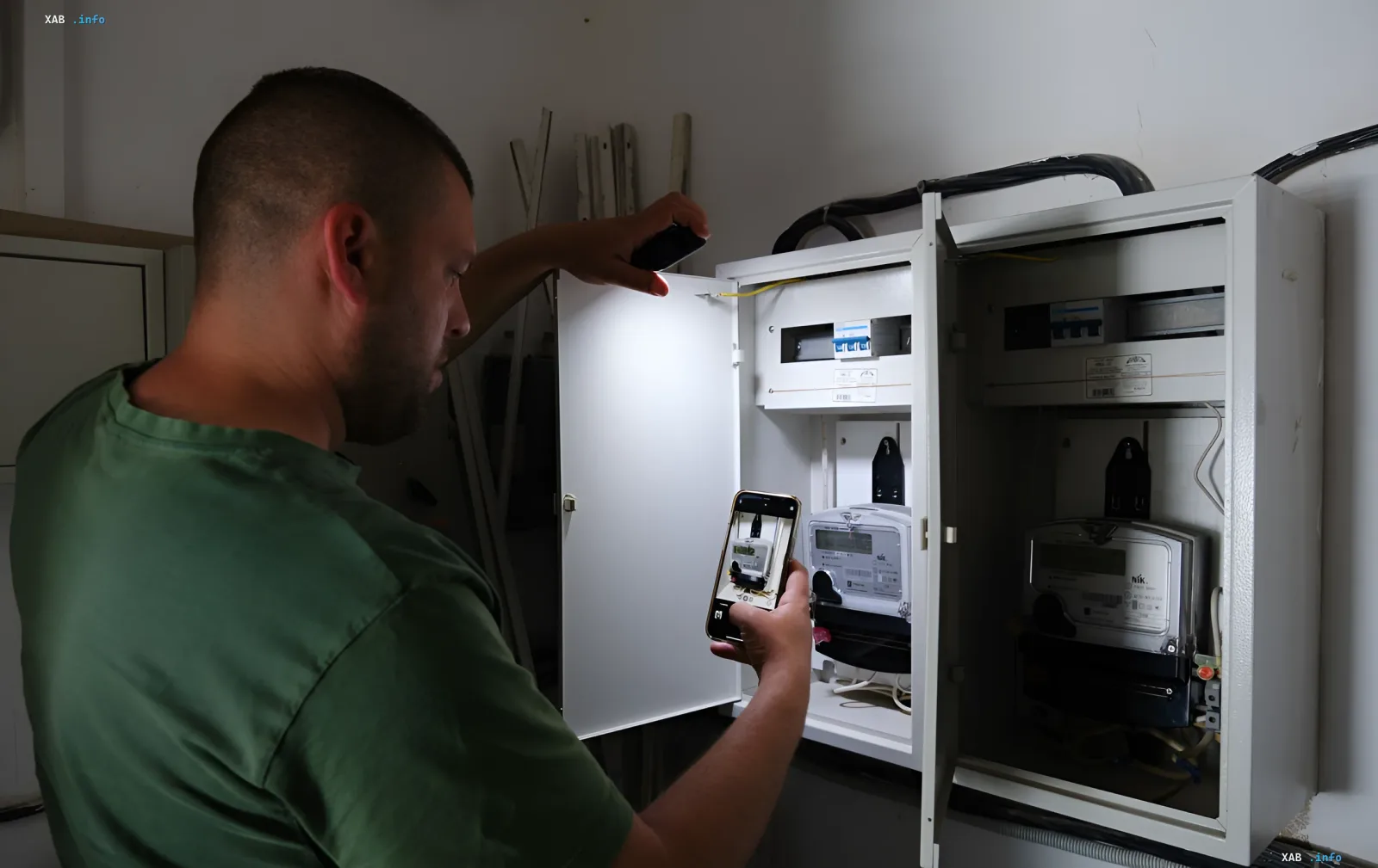 Мужчина фотографирует показания двухтарифного счетчика электроэнергии в электрощитке, демонстрируя способ экономии на тарифах.