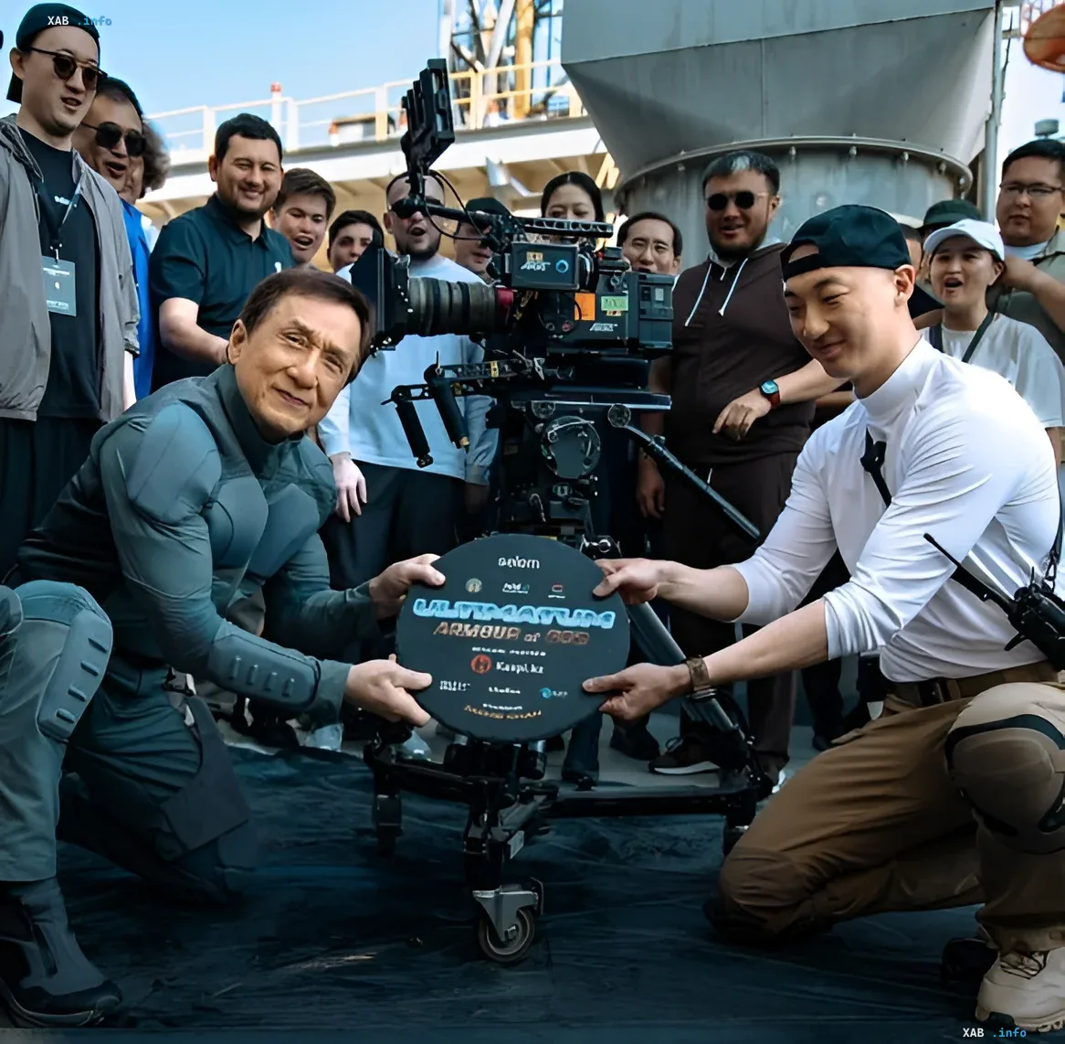 Start of filming 'God's Armor 4' with Jackie Chan in Kazakhstan Jackie Chan and the director on the film set in Kazakhstan, holding a poster with the title 'God's Armor 4'