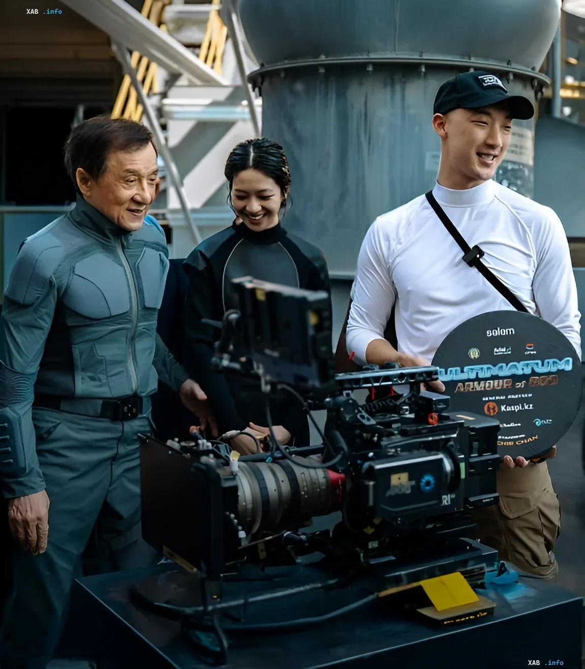 Jackie Chan on the set of 'God's Armor 4' in Kazakhstan Jackie Chan on the set of 'God's Armor 4' in Kazakhstan, discussing the script with colleagues near the camera
