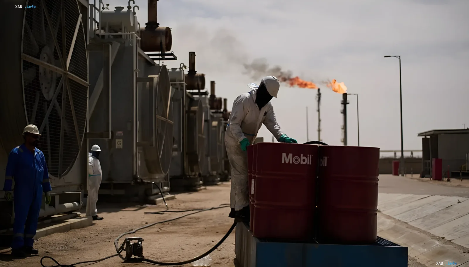 Workers at an Iraqi oil facility handle Mobil barrels against gas flares — symbolizing the new US-Iraq oil corridor bypassing the Strait of Hormuz