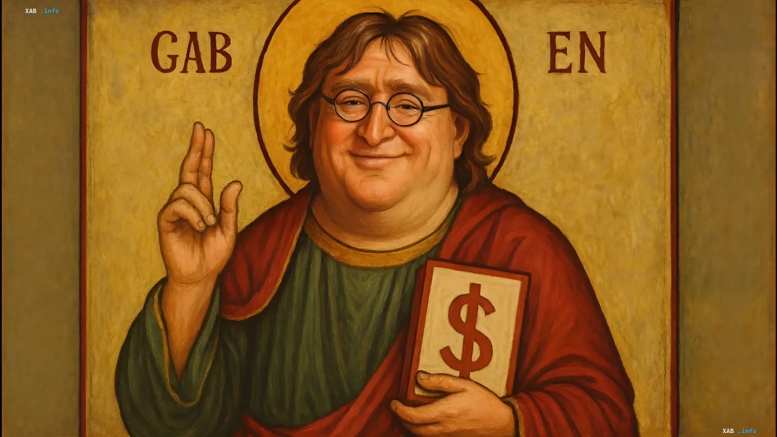 Parody icon of Gabe Newell with a dollar sign, symbolizing the myth of AI profitability in games per Steam data