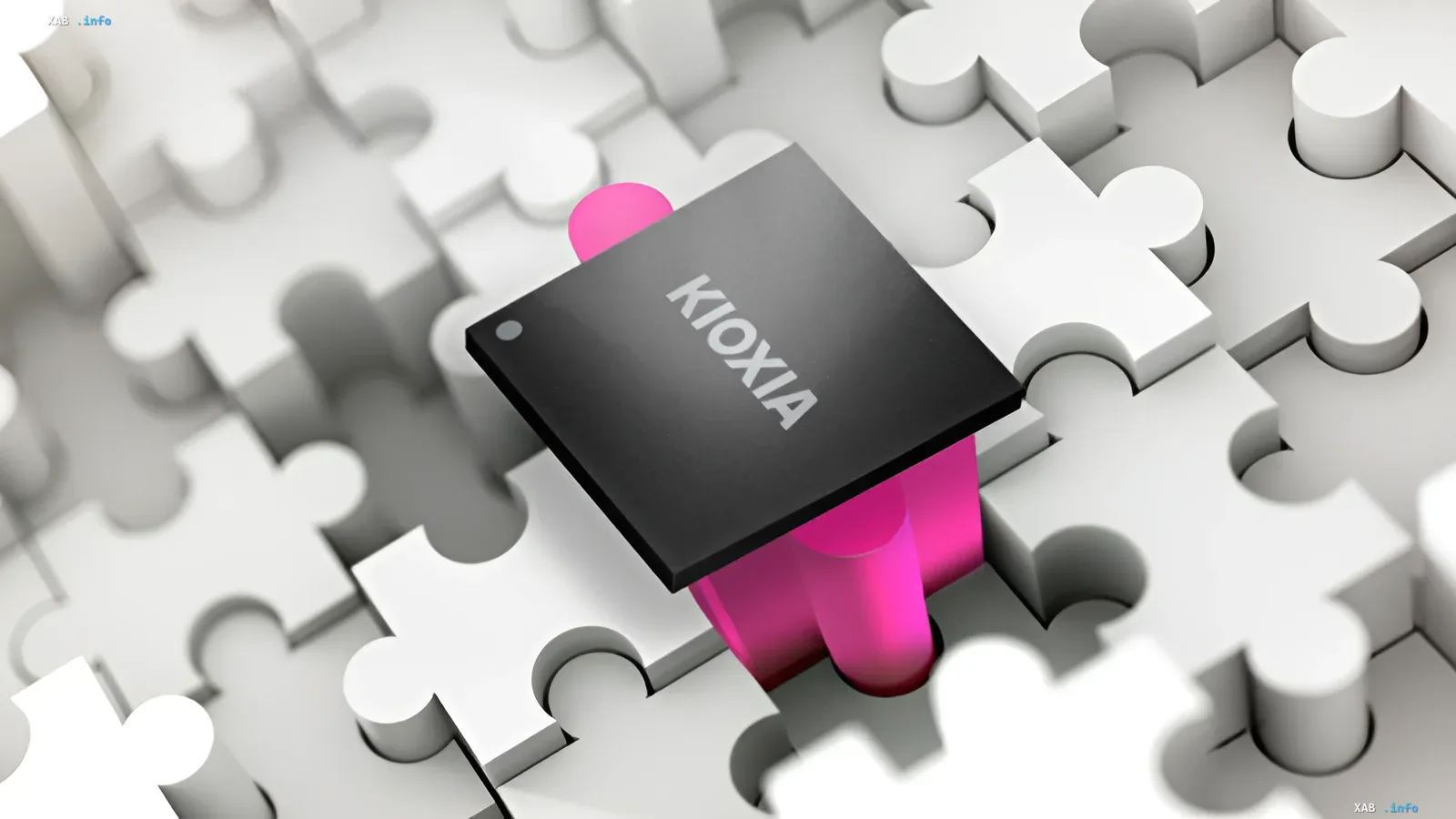 Kioxia chip in puzzle form symbolizes patent infringement on memory technology, for which the company is ordered to pay Viasat $229 million