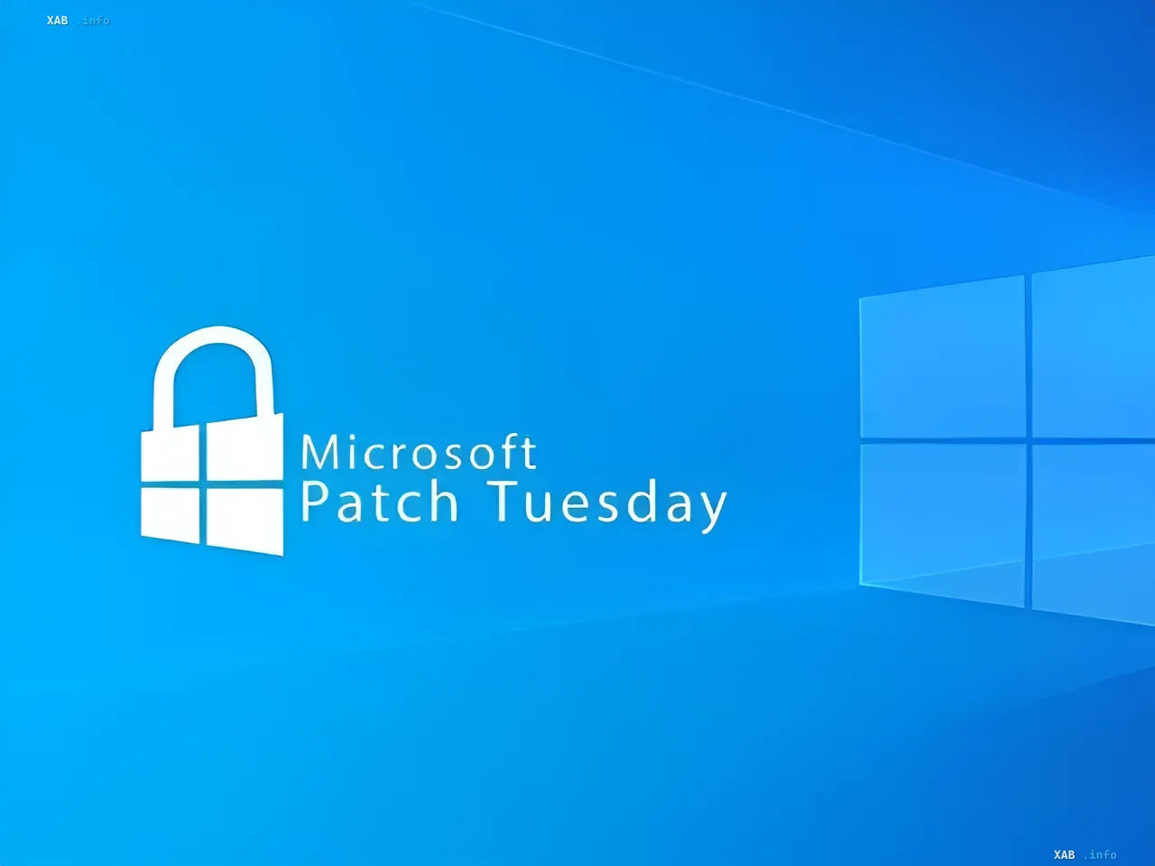 Логотип Microsoft Patch Tuesday із замком на фоні синього екрана Windows, що символізує захист від 570 вразливостей