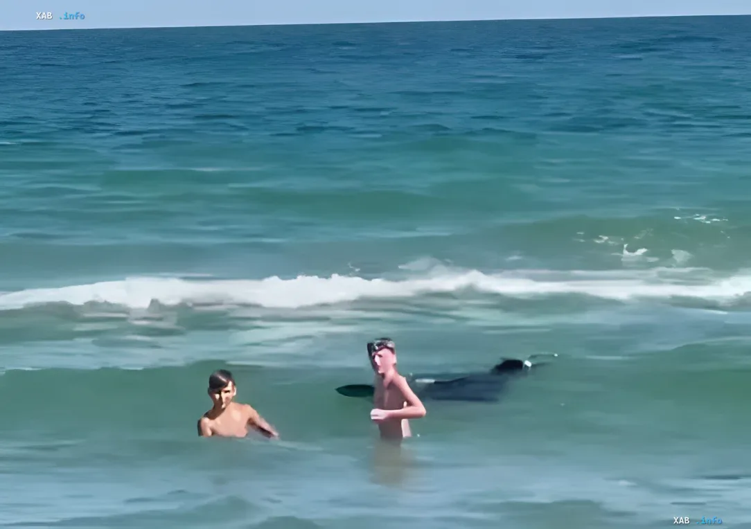 Kinder schwimmen im Meer in der Nähe von Trümmern von Shahed-Kamikaze-Drohnen, die vor der Küste von Odessa treiben